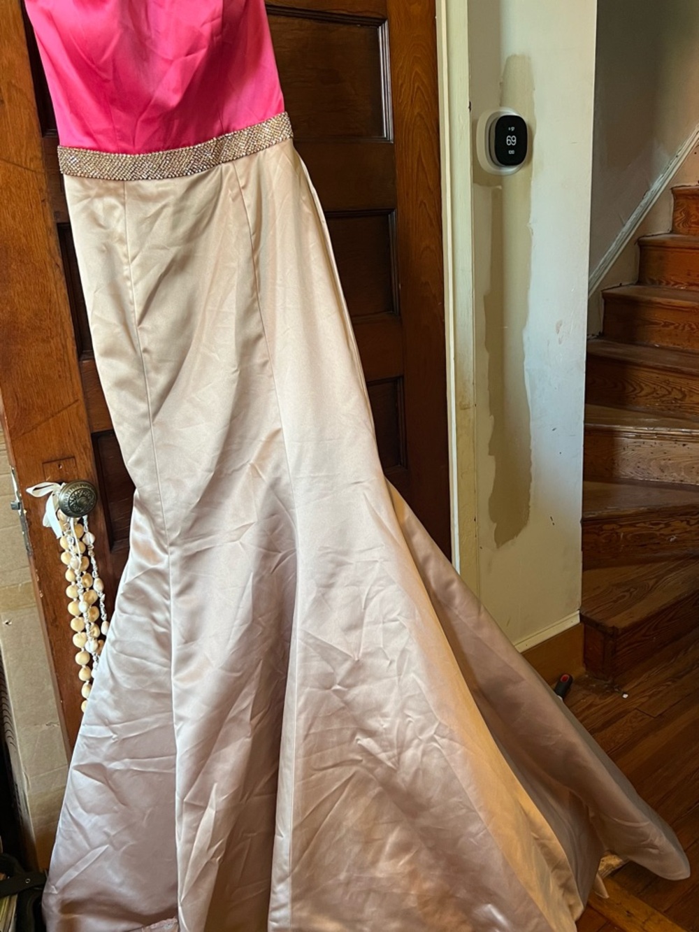 Sherri Hill Pink Strapless Gown with Champagne Satin Mermaid Skirt